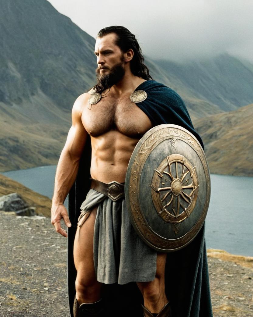 __03242-analog film photo, A stunning cinematic film still, a Thorin Oakenshield, standing with a shield, chest, muscular body.png